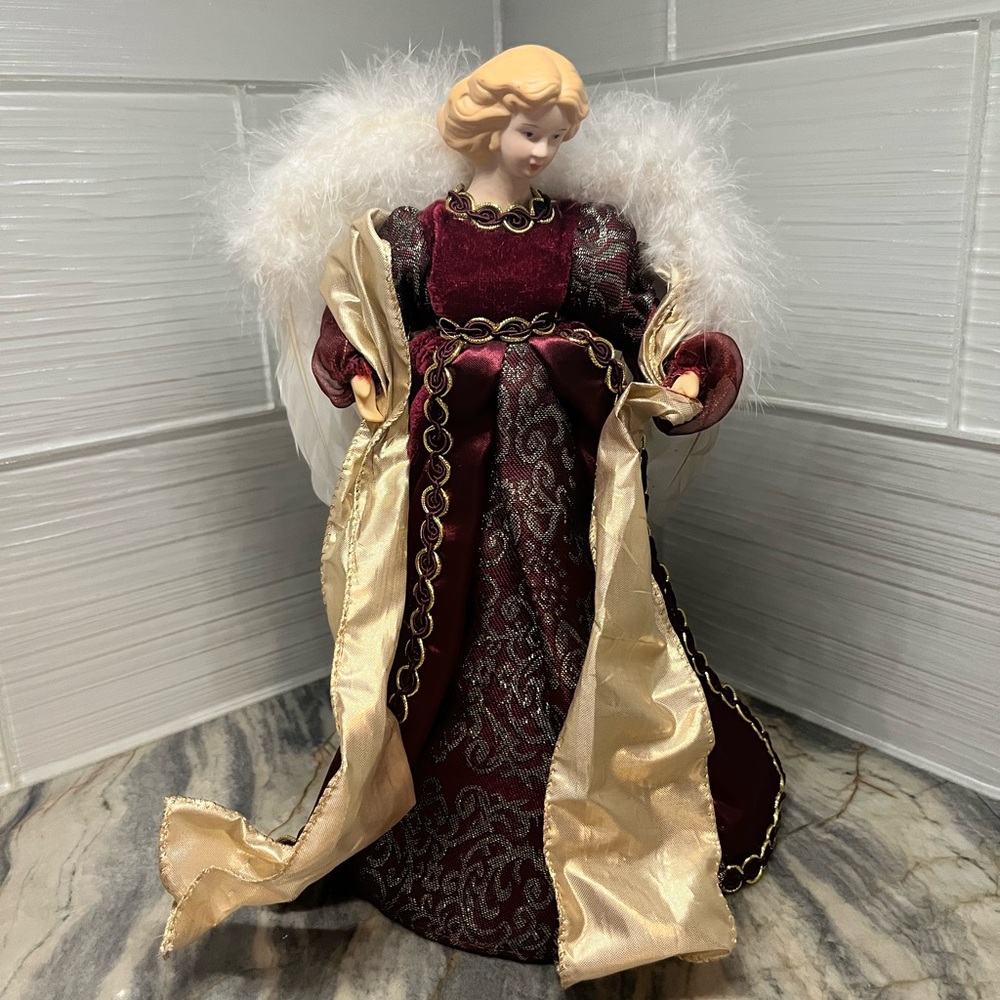 Burgundy Angel Christmas Tree Topper Holiday Decor Feather Wings